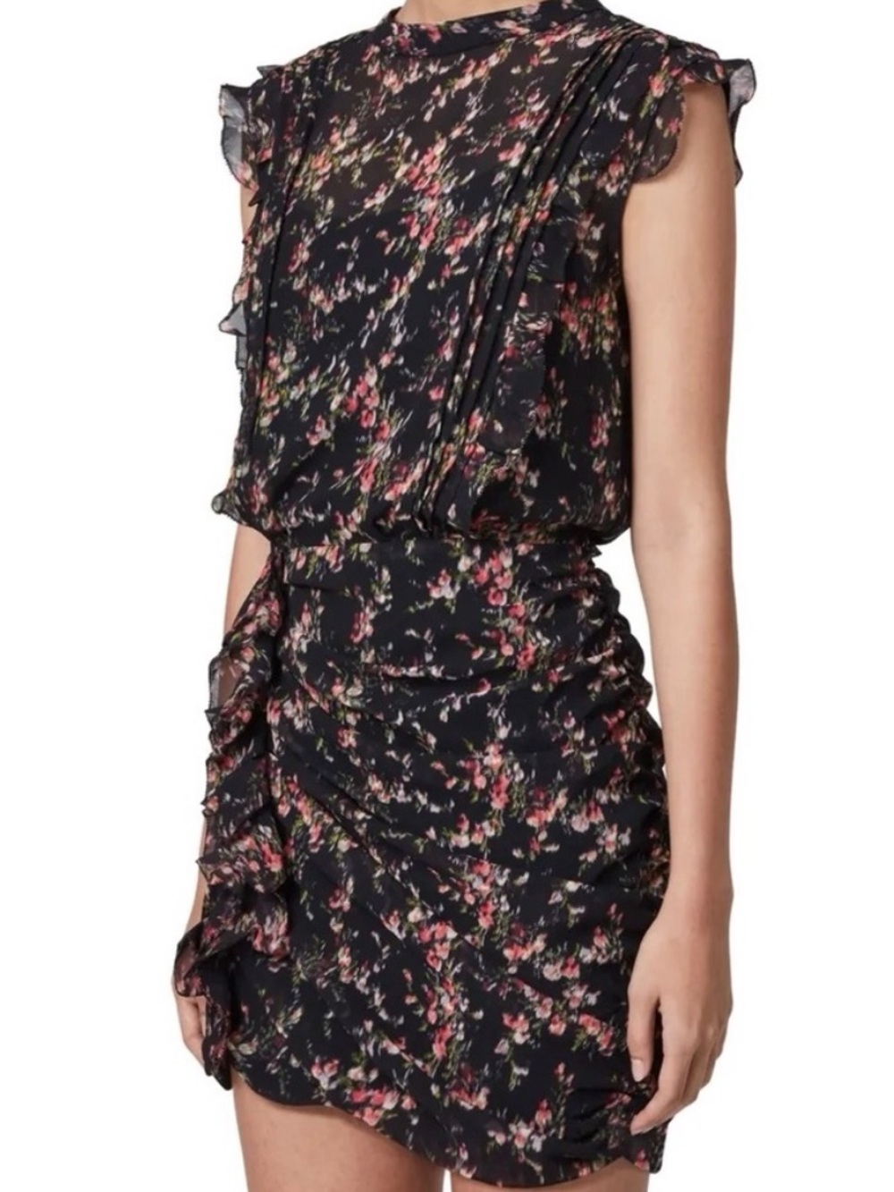 AllSaints NWT Draped Floral Mini Dress Black Silk Blend - Picture 6 of 16